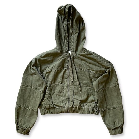 Aeropostale Bomber Jacket Womens Size S Army Green Crop Canvas Full Zip Outdoor - Picture 1 of 11